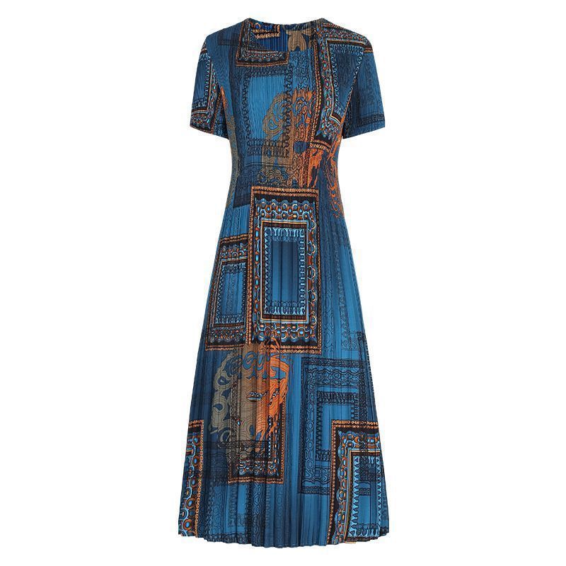Pleated Printed Short Sleeve Mid-Length Mom Dress2025Summer Retro Round Neck Casual Loose Plus Size Dress
