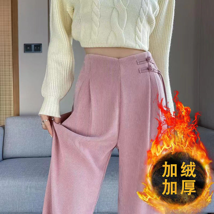 Maillard2025Autumn Winter New Chinese Style Buttoned Fleece Chenille Wide-Leg Pants for Women High Waist Draped Straight-Leg Casual Pants