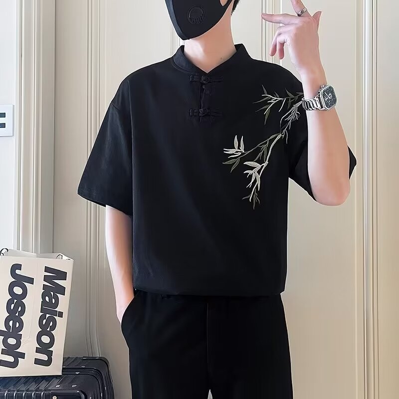 Summer New Chinese Style Button Short Sleeve T Men's Shirt with Unique Embroidery Bamboo Design Retro Cool National Style Half Sleeve t T-shirt
