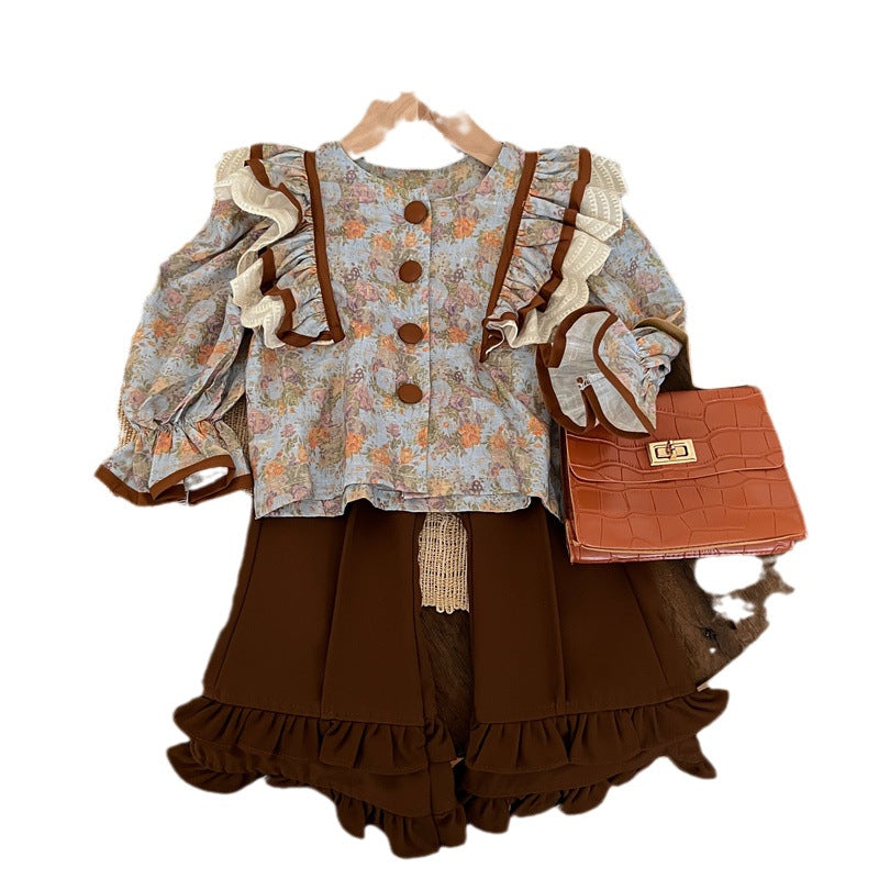 Sweet Little Girl Autumn Outfit Set New Fashionable Retro Autumn Children's Flared Pants Autumn Style Internet Celebrity Children's Clothing