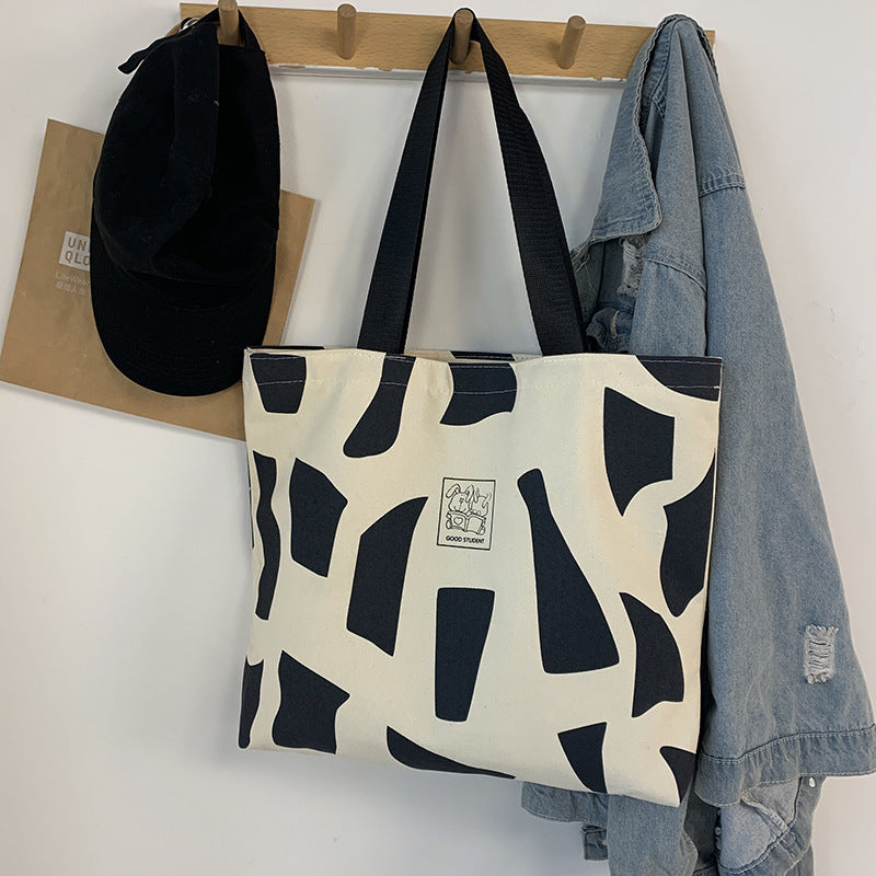 Canvas bag for women, single shoulder, suitable for college students to carry books ins Korean Style Zippered Artistic Design Handheld Canvas Bag