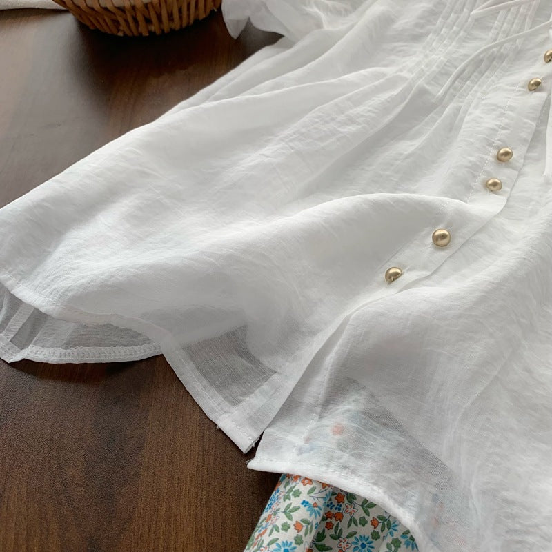 Real Shot◆Private Server Edition！French Style Round Neck Breathable Comfortable Light Pink Lace-Up Loose Shirt Chiffon Blouse