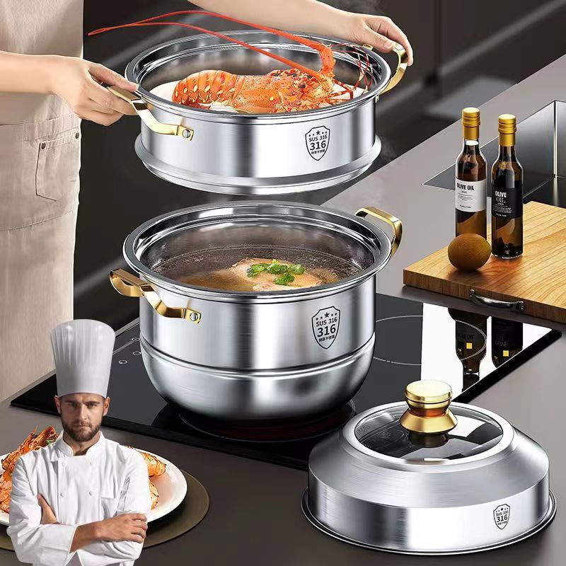 【Same Low Price】Steamer316Stainless Steel Household Food Grade304Thickened Soup Pot for Steaming Buns, Double Layer, Three or Four Layers, Compatible with Induction Cookers