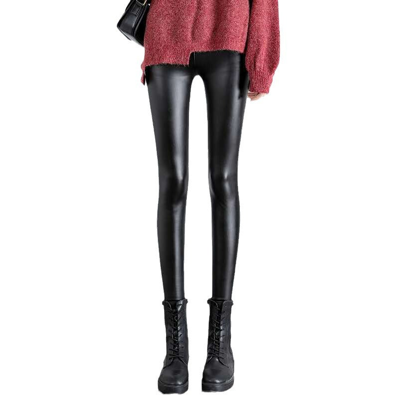 PU Women's Leather Pants Autumn Winter Long Pants Base Pants Fleece Lined Thickened High Waist Slimming Windproof Waterproof Outdoor Wear Wholesale
