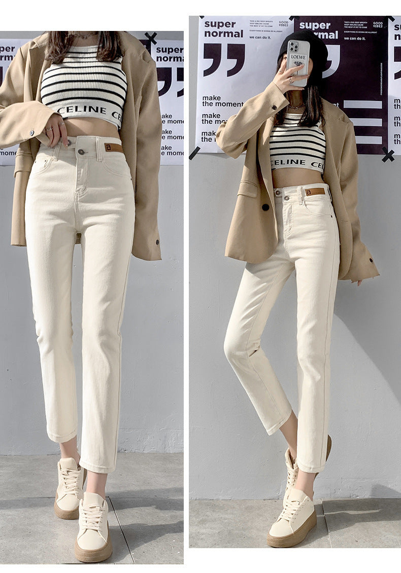 High Waist Gray Small Straight Jeans Women's Spring Clothes2025New Year's Slimming Asymmetric Cigarette Pants Nine-Tenths Length for Petite Figures