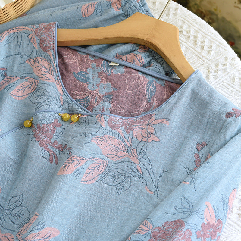 Women's Pearl Button Color Woven Jacquard National Style Pajamas Spring Four Seasons Thin Round Neck Pullover Homewear Set Suitable for Outerwear