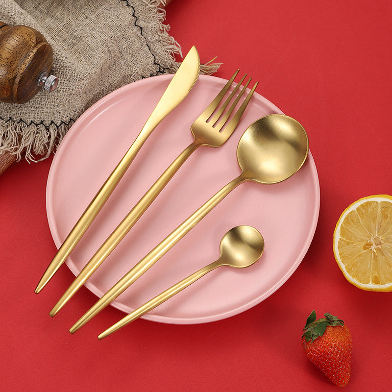 Cross-Border304Stainless Steel Portuguese Cutlery Set Knife Fork Spoon Round Handle Thick Western Cutlery Nordic Hotel Steak Knife