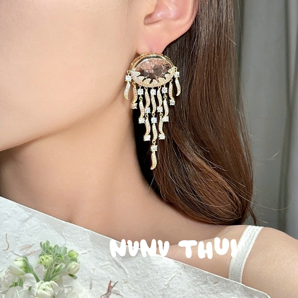 Sparkling Paphos Cloud Pattern Jellyfish Tassel Gemstone Earrings The Joy of a Rich Woman Egg-shaped Princess Pink Earrings