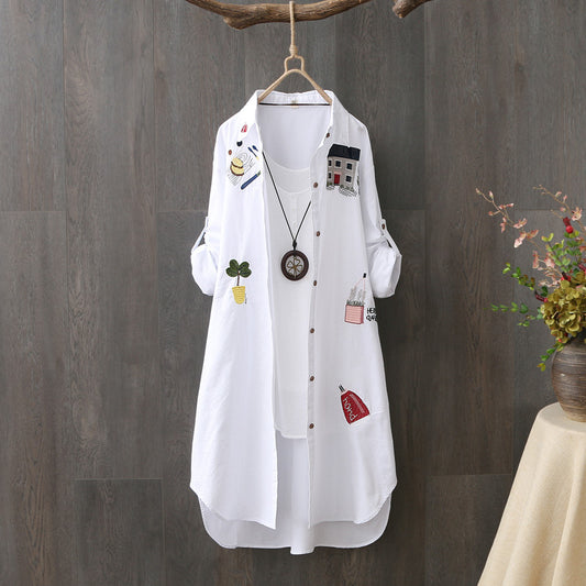 In Stock Japanese and Korean Style Spring Summer Two-Way Cotton Shirt for Women Loose Mid-Length Top Artistic Embroidery Short Sleeve Jacket
