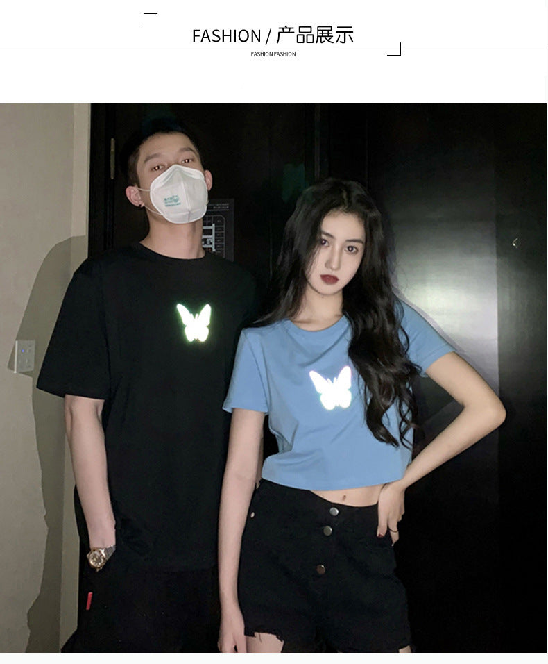Summer2025New Year's Trendy Internet Celebrity Couple Outfit Reflective Butterfly Short Sleeve t Women's Summer T-shirt ins Super Popular Short Top