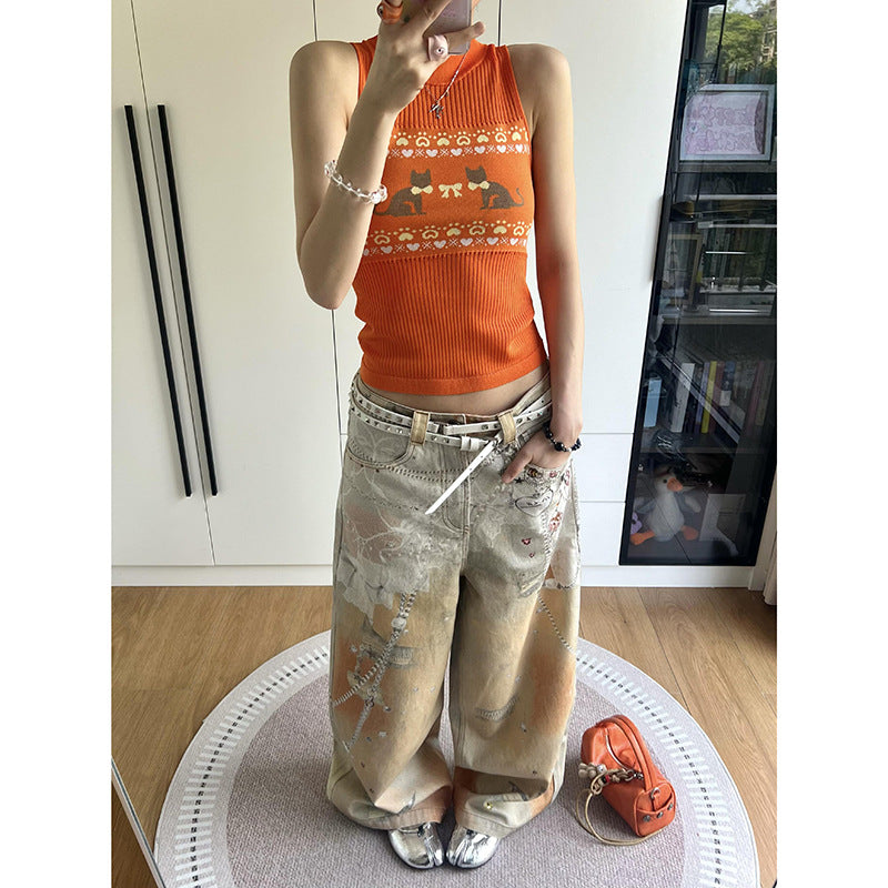 Colorful Inkjet Heavy Pattern Printed Jeans for Women, Unique Design, Loose Straight Wide-Leg Floor-Length Pants