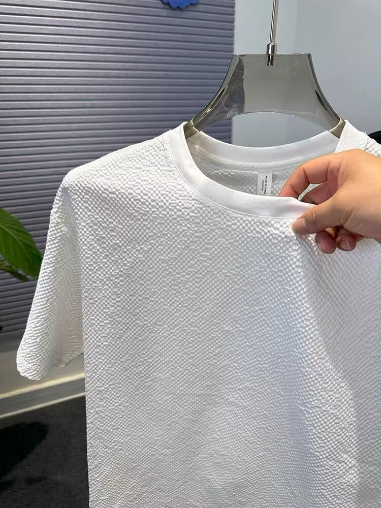 Summer New Bubble Gauze Texture High-end T Loose Round Neck Men's Short Sleeve T-Shirt T Solid Color Short Sleeve Versatile Top