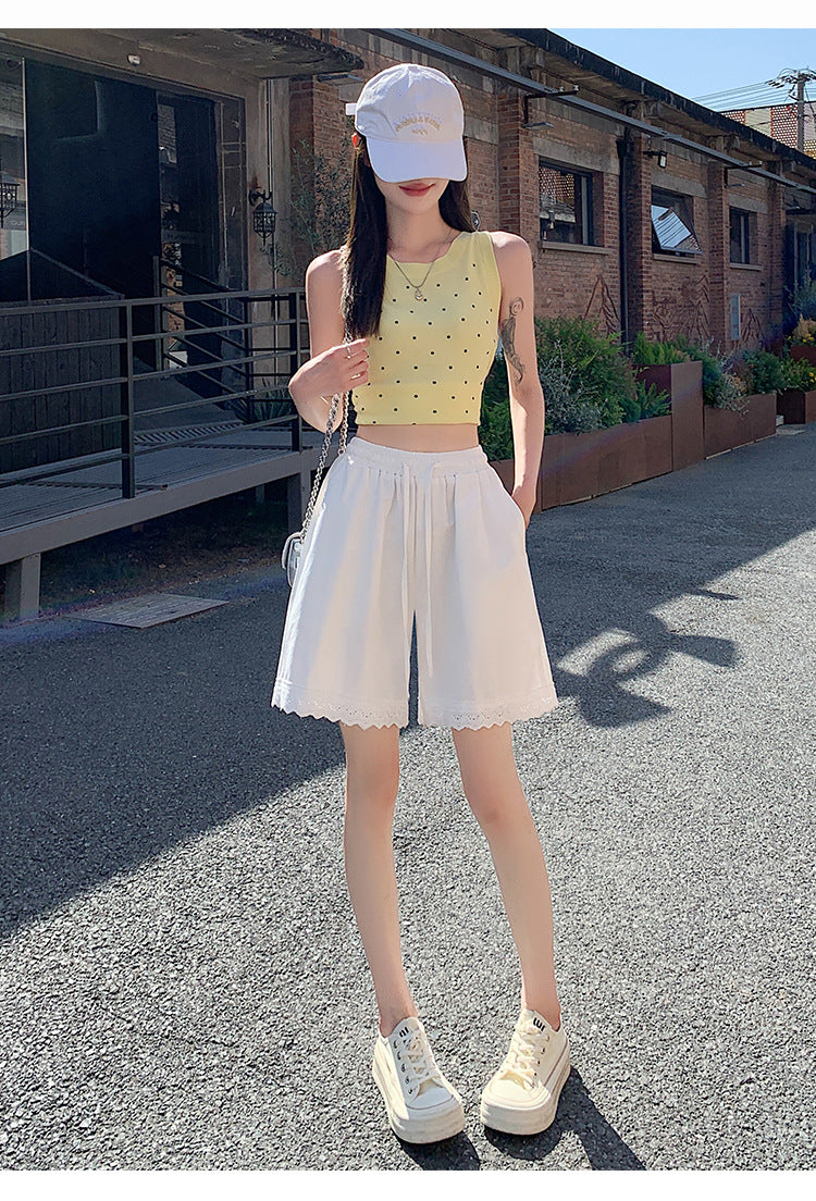 Japanese Style Wide-Leg Jeans for Women2025High Waist Lace Trim Casual Shorts Loose Straight Five-Point Shorts Trendy
