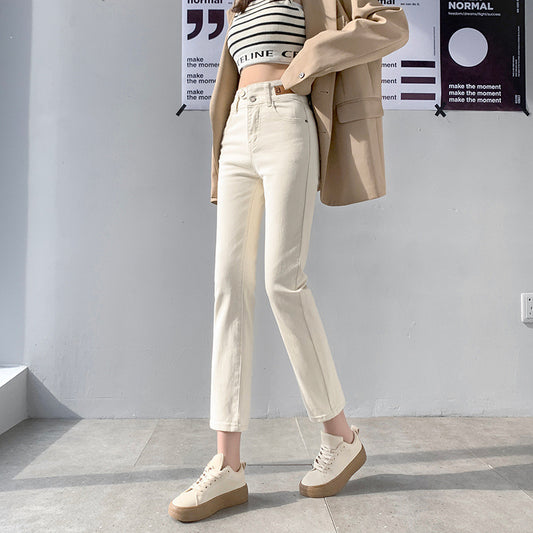 High Waist Gray Small Straight Jeans Women's Spring Clothes2025New Year's Slimming Asymmetric Cigarette Pants Nine-Tenths Length for Petite Figures