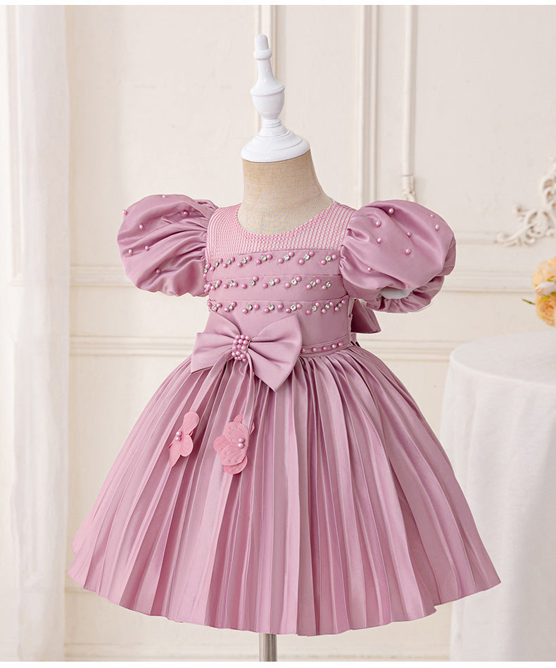 Birthday Party Evening Dress Puff Sleeve Girl Princess Dress Baby Pearl