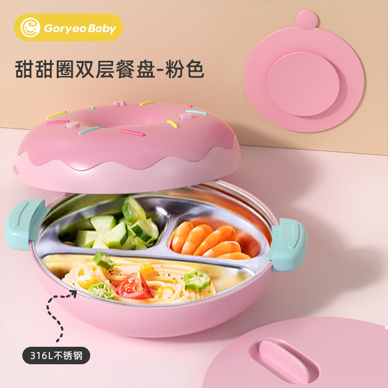 goryeobaby Children's Stainless Steel Plate Baby Suction Bowl Water-Insulated Bowl Baby Divided Plate Baby Food Utensils