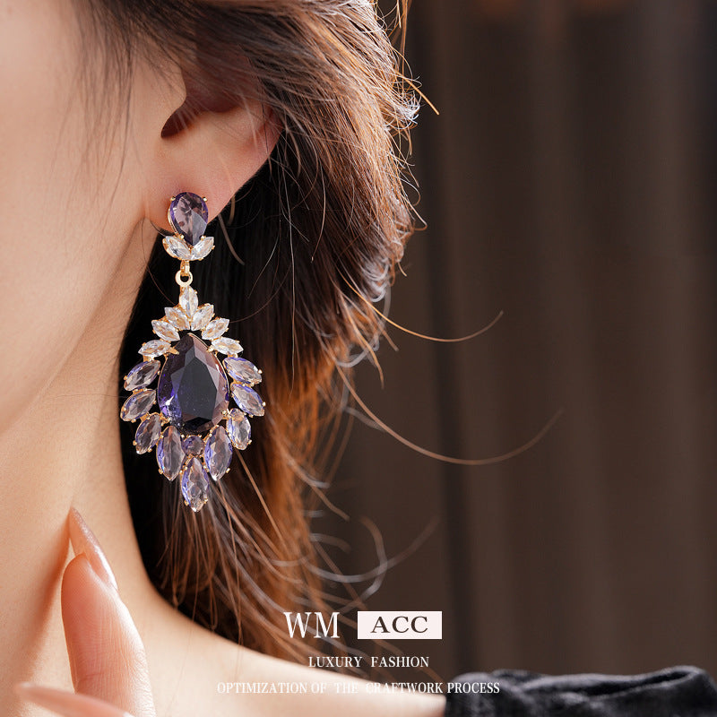 Medieval vintage Zircon Earrings Silver Needle Exaggerated Heavy Craft Flower Water Drop Studs Light Luxury High-end Feel Earrings for Women