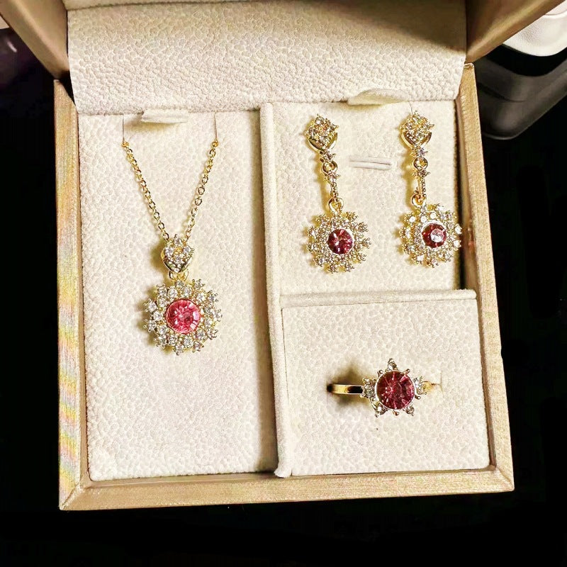 Jewelry Set Non-Fading Exquisite Collarbone Chain Ring Pendant Earrings Plated18K Gold Sparkling Diamond Amethyst Necklace for Women