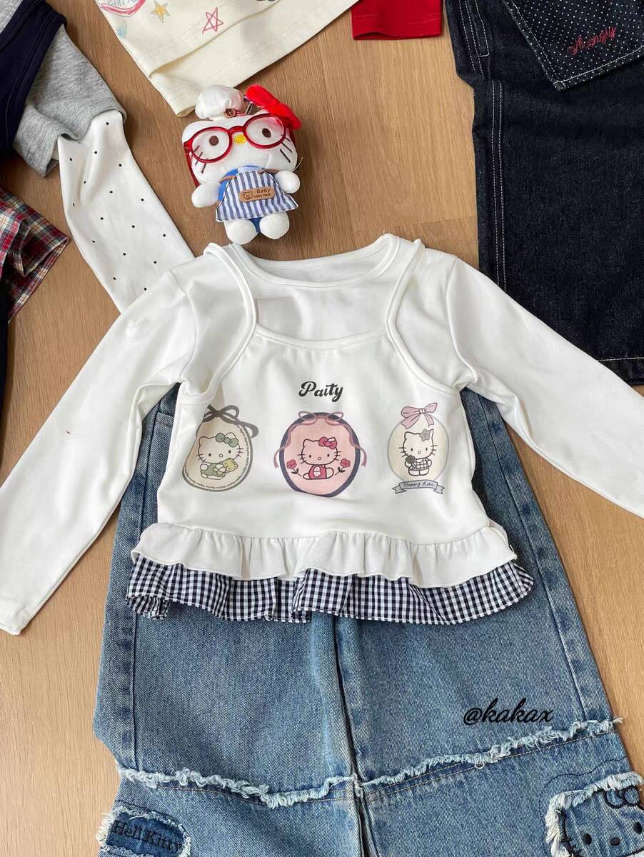 Sweet Little Girl Autumn Long Sleeve Outfit T New Korean Style Fashionable Baby Girl Fake Two-Piece Lace Base Shirt Top