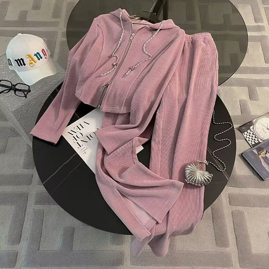Casual Sports Suit for Women, Spring and Autumn New Loose Short Hooded Top with Draped Split Wide-Leg Pants Two-Piece Set