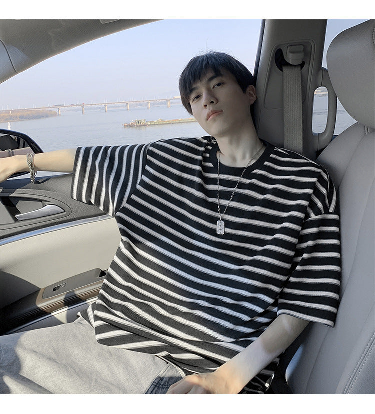 American striped short sleeve t Men's Summer Trendy Neck Loose Cotton