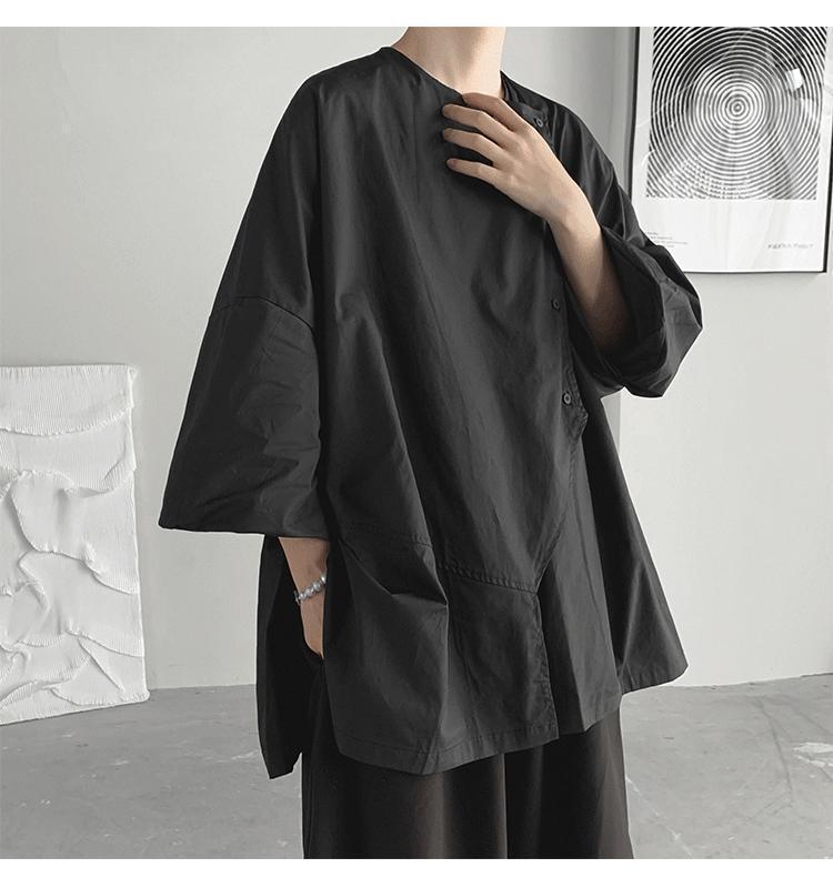 300Plus Size Unique Design Three-Quarter Sleeve Shirt for Men Summer Short Sleeve Cool Japanese Style ins Irregular Top