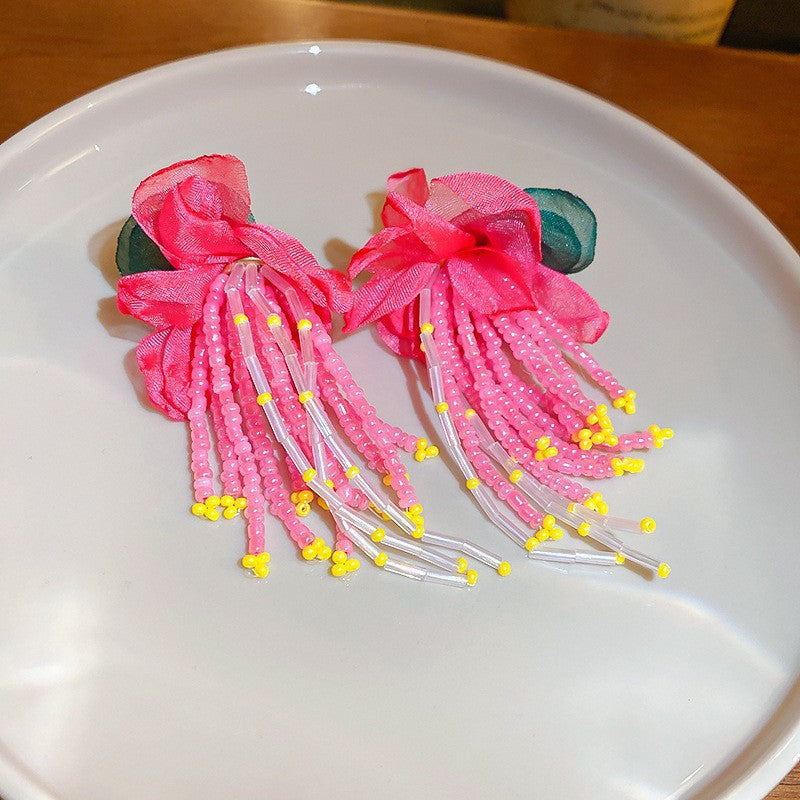 Resort Style Silver Needle Fabric Flower Tassel Earrings High-End Fashion Earrings Bohemian Sweet Exaggerated Ear Jewelry