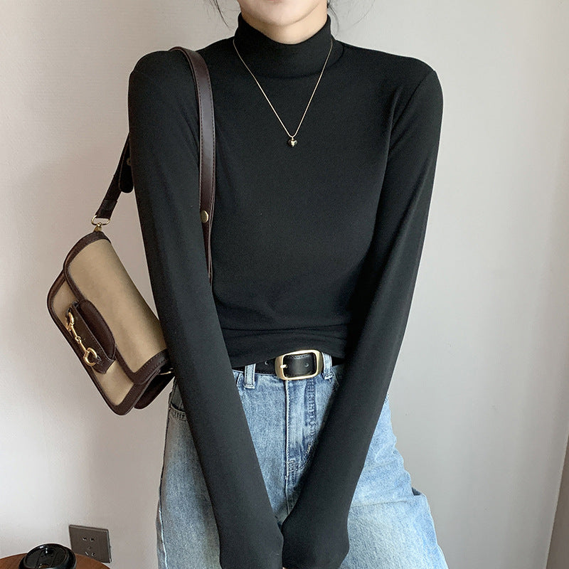 Half Turtleneck Double-Sided Thermal Base Shirt for Women, Spring and Autumn Style, Stylish Inner Wear, Solid Color, Fleece-Lined, Thickened, Warm Long-Sleeve Top