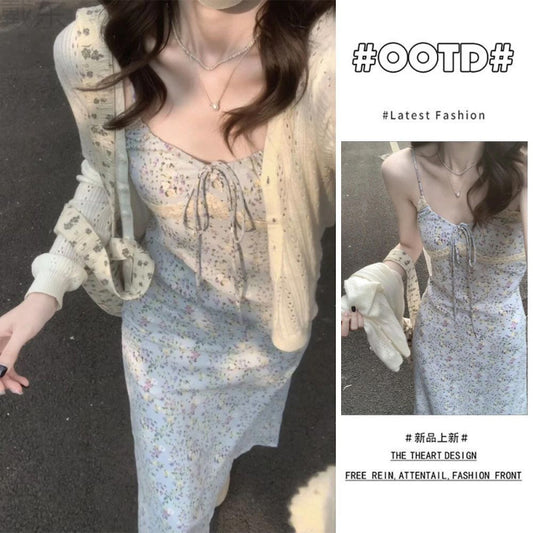 Petite Dress Sun Protection Cardigan Lace Two-Piece Set Tea Break Style Sweet Floral New Strap Outfit Set