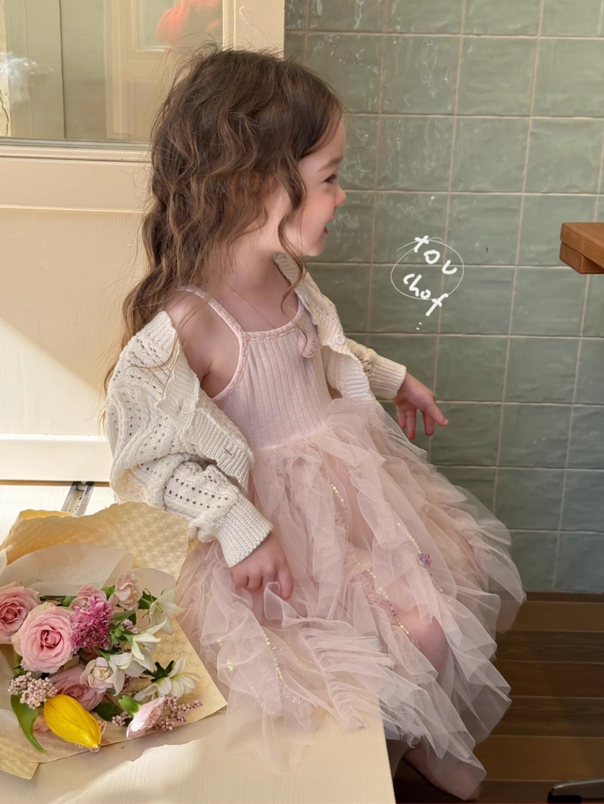 Girls Korean Style Cotton Strap Floral Mesh Princess Dress