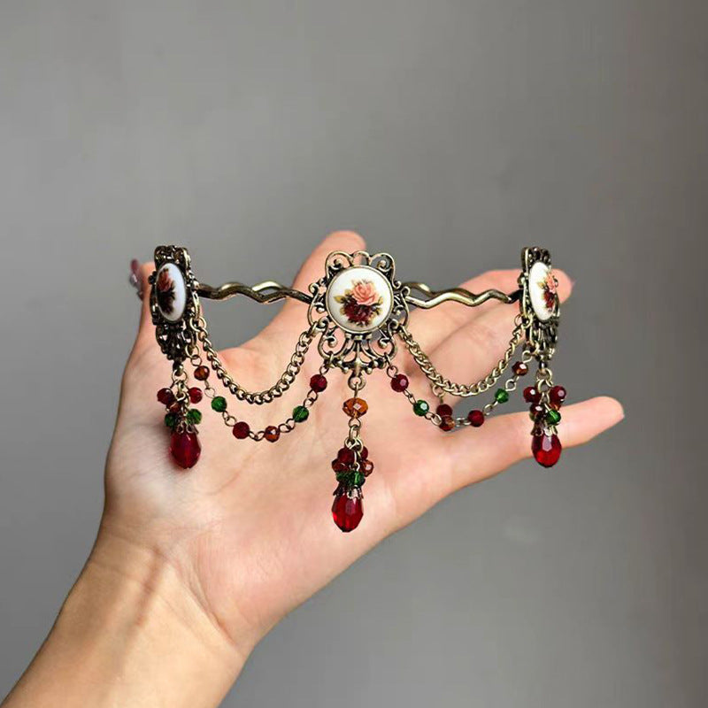 Vintage Court Style Heavy Craft Rose Flower Tassel Necklace Niche High-End Elegant Medieval Personality Style Choker Accessory