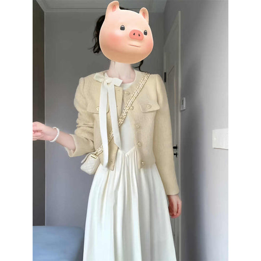 Plus Size Fat mm Little Chanel Style Set Spring and Autumn Women's Clothing2025New Design Bowknot Dress and Jacket Set