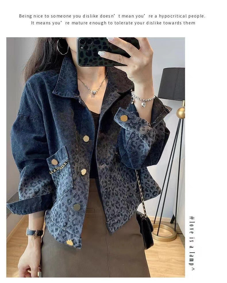 Black Vintage Leopard Print Denim Jacket for Women Fashion Short Coat Autumn Women's Clothing2022New Arrival Jacket