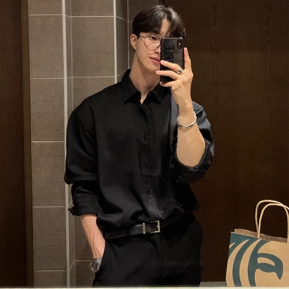 Light Mature High-End Feel Non-Iron Solid White Shirt Men's Draped Korean Style Loose Plus Size Casual Long Sleeve Base Shirt