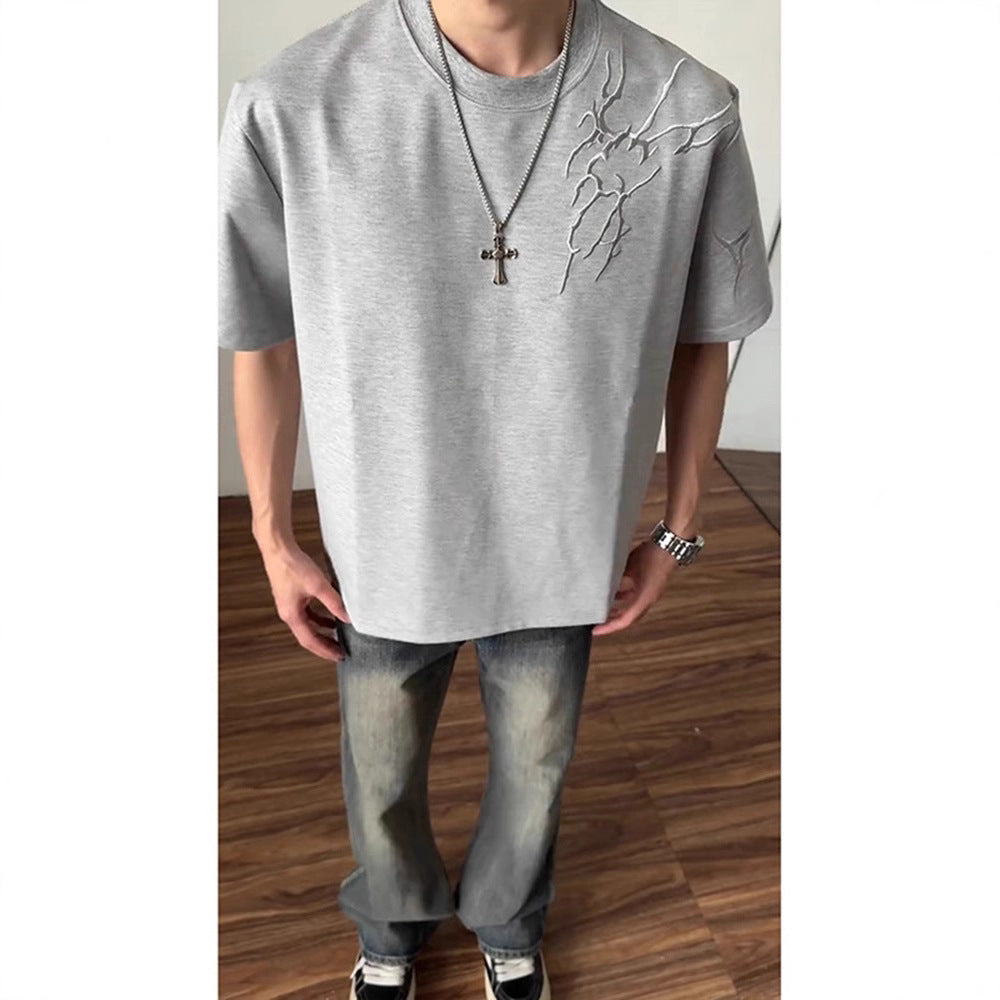 Lightning Embroidered Short Sleeve t Men's Summer New Loose American Retro High Street Round Neck Half Sleeve T-Shirt
