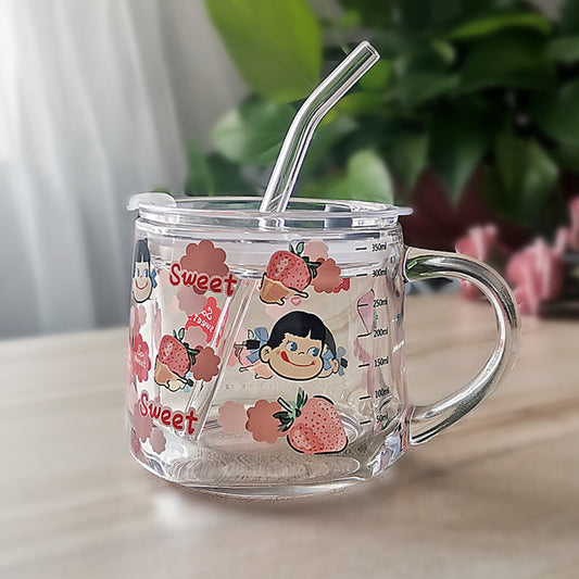 ins Glass Cup with Straw Milk Breakfast Cup Cute Cartoon Graduated Cup with Lid Spoon Gift Customization logo