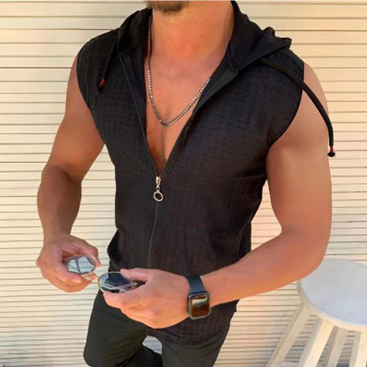 Short Sleeve Hooded Zip Cardigan T Men's T-shirt2023Summer New Fashion Plaid Sleeveless t Men's T-shirt Polo Collar Top