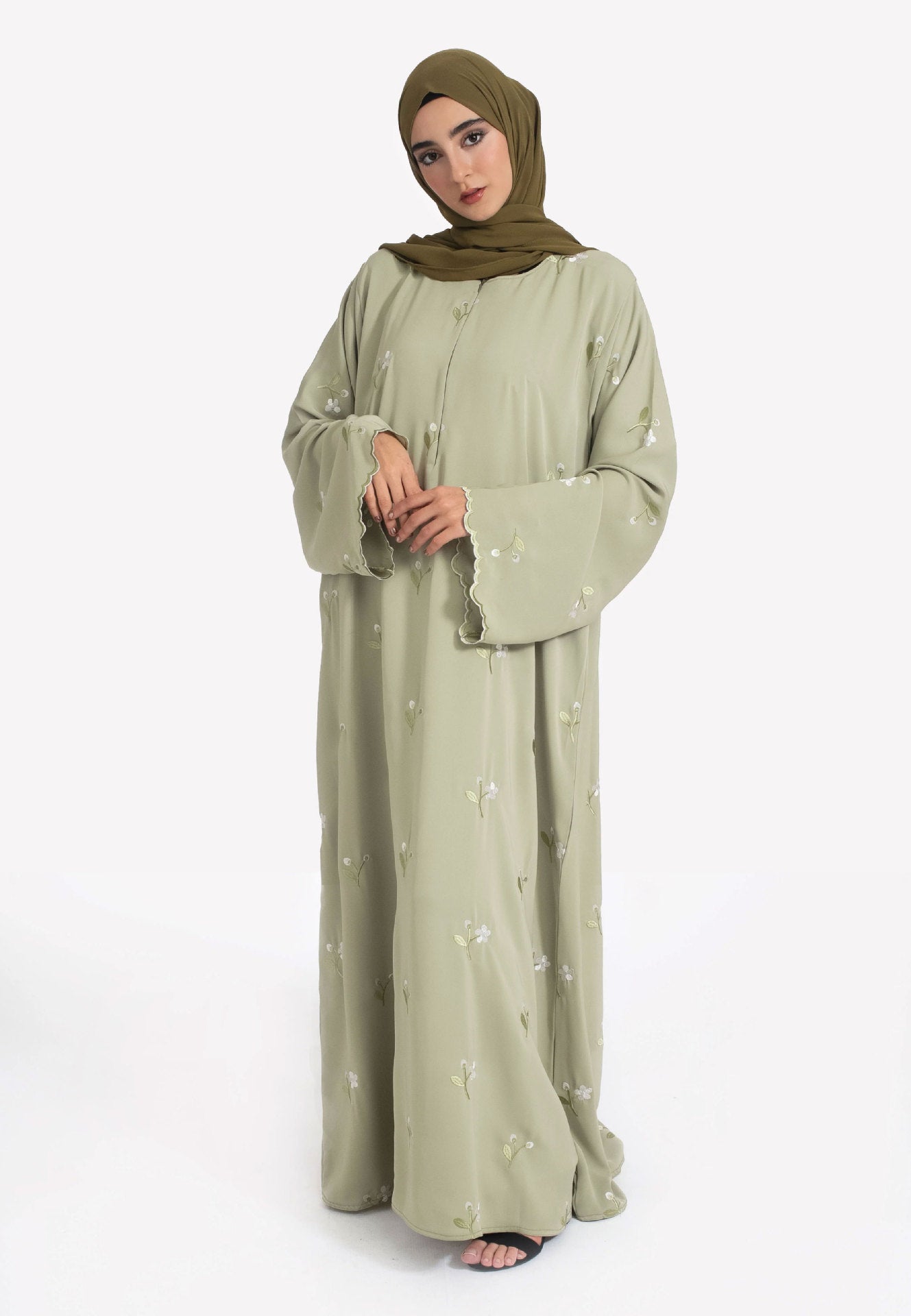 AliExpress Cross-Border New Muslim Middle Eastern Arabic Green Floral Embroidered Fashion Elegant Dress Robe