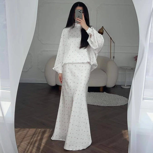 2025Autumn European and American Cross-Border New Loose Comfortable Elegant Shirt Sleeve Floral Top Half Skirt Set Women's Clothing