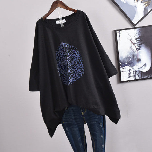 200Plus Size Women's Summer Leaf Print Casual Split Mid-Length Short Sleeve Dress T Women's Loose Fit Plus Size Shirt