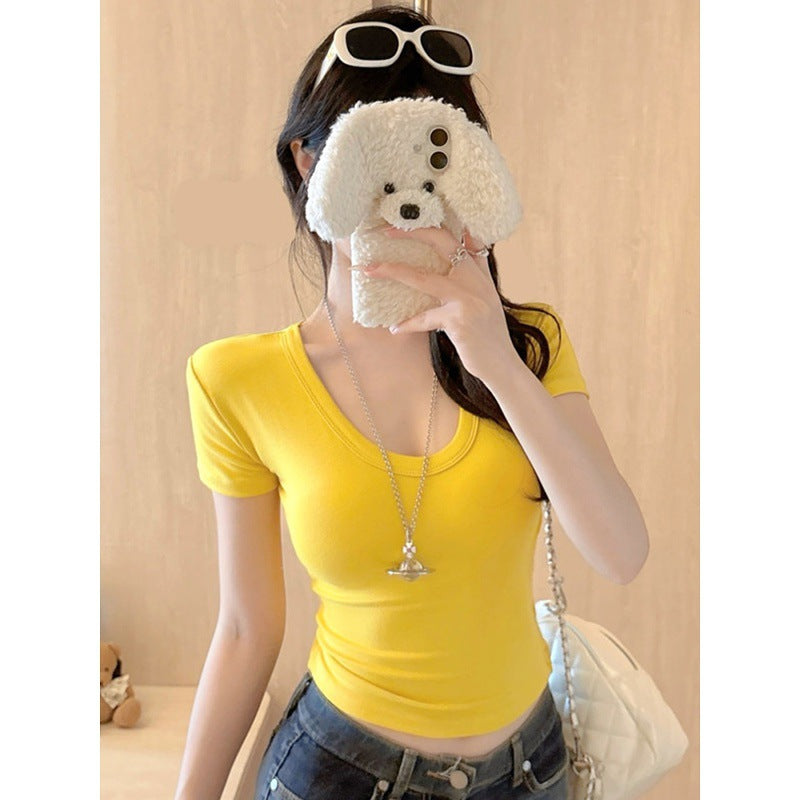 White u Pure Desire Slim Fit Tight Shoulder Short Sleeve t Women's Summer Shirt with Chest Pads Lace Hollow Out Hot Girl Short Top Black