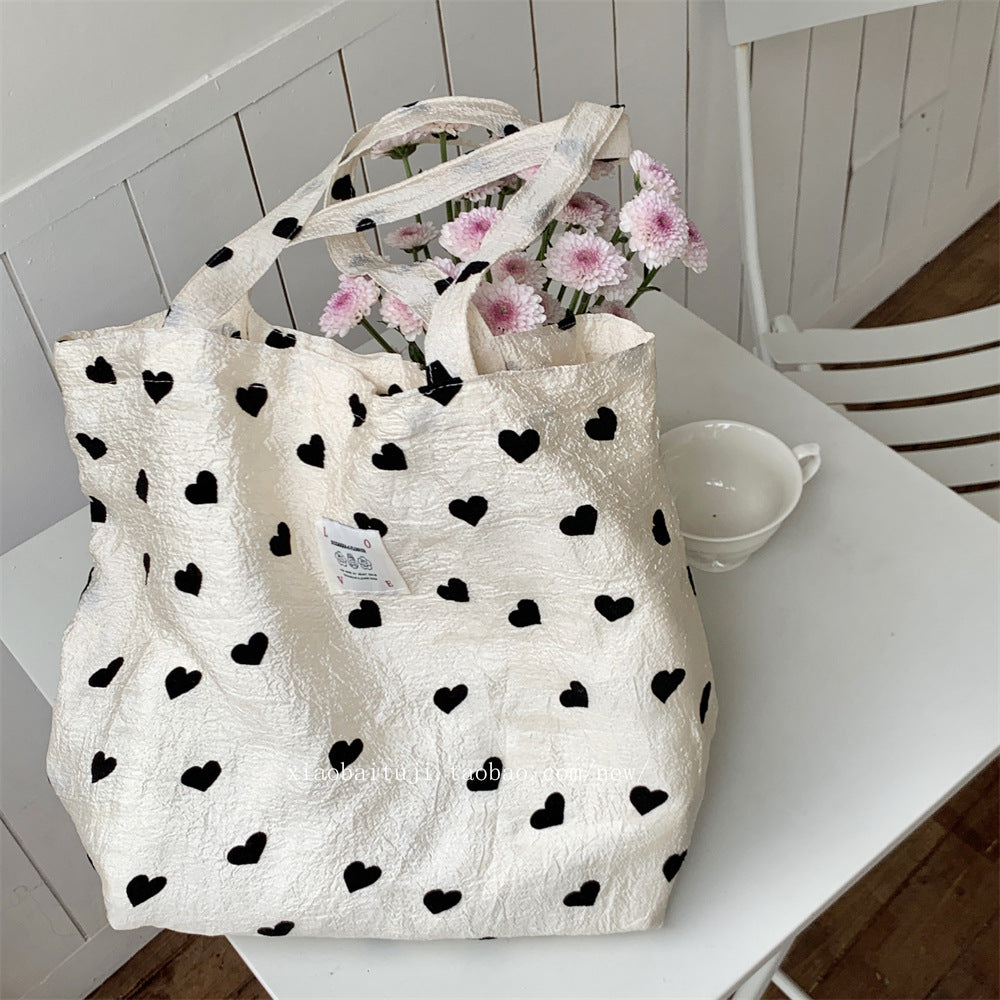 Little White Rabbit Desk New Textured Heart Canvas Single Shoulder Vest Bag Large Capacity Handbag for Women Underarm Small Win Shuo