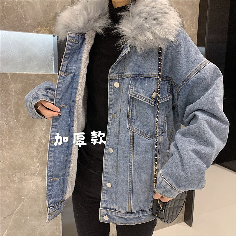 Cross-Border2022Winter New Korean Style Loose Thickened Fleece Rabbit Fur Inner Large Fur Collar Denim Jacket Women's Cotton Coat