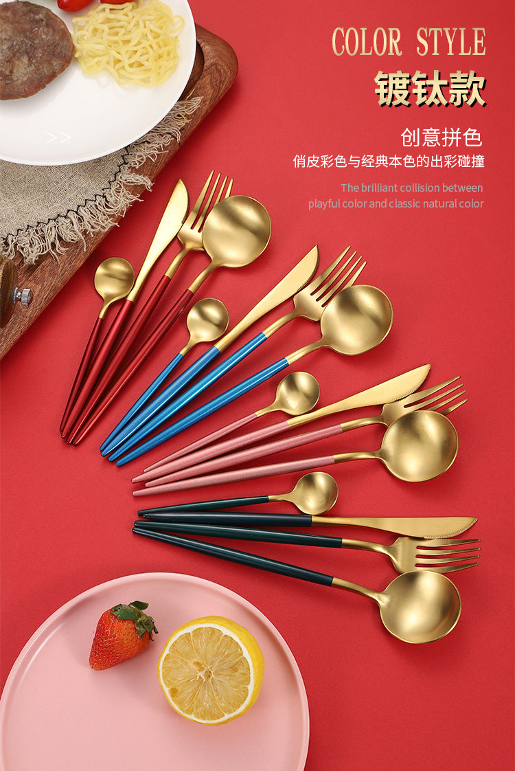 Cross-Border304Stainless Steel Portuguese Cutlery Set Knife Fork Spoon Round Handle Thick Western Cutlery Nordic Hotel Steak Knife