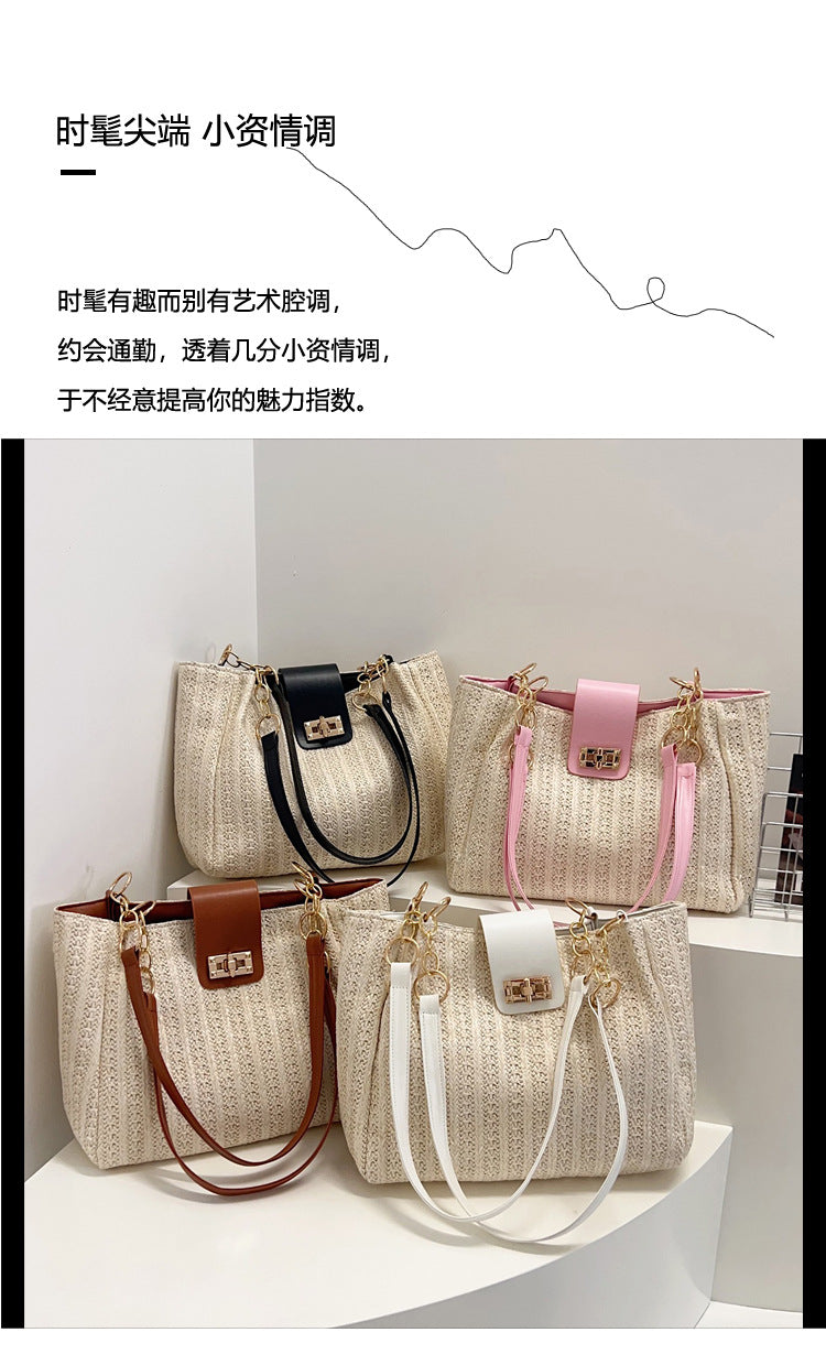 2025Women's Spring New Small Chanel Style Bag for Work Commute Versatile Straw Woven Large Capacity Wide Shoulder Strap Women's Single Shoulder Bag