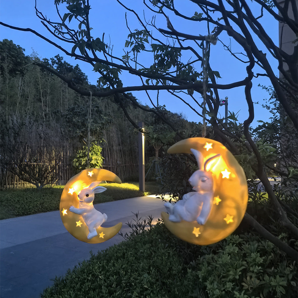 Cute Rabbit Moon Solar Pendant Outdoor Garden Courtyard Tree Hanging Balcony Pipe Kindergarten Decoration Ornament