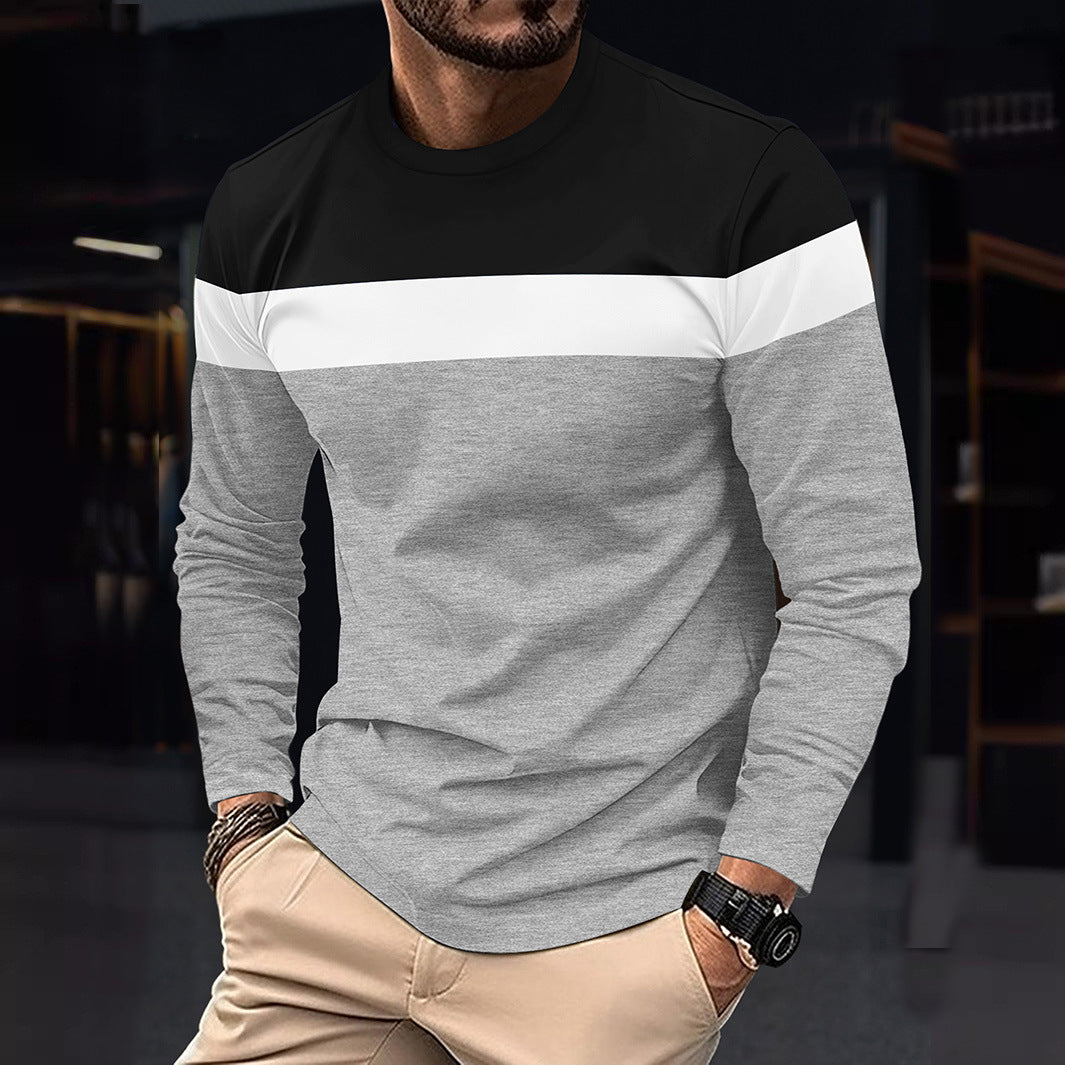 Cross-Border Trade Plus Size Autumn Winter Men's Crew Neck Long Sleeve Color Block Base Shirt Pullover Thin Long Sleeve T Men's T-shirt