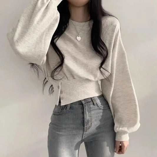 Polyester Fish Scale    Korean Autumn Niche Design Round Neck Button Long Sleeve Short Pullover Sweatshirt for Women