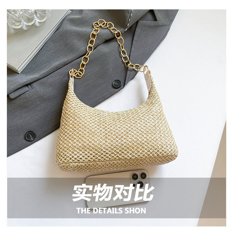South Korea ins Vintage Woven Tote Bag Straw Bag Large Capacity Underarm Bag Shoulder Bag Vacation Style Beach Bag for Women