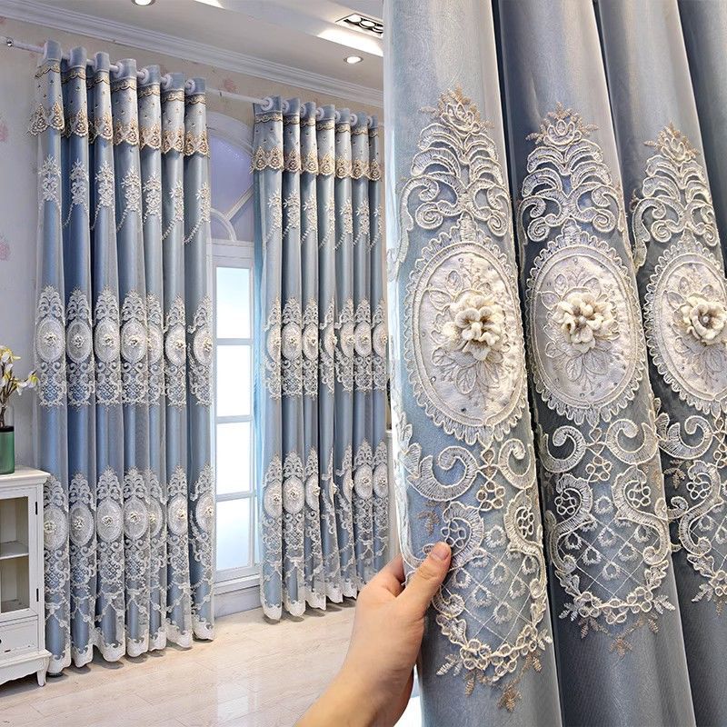 European Style High-End Simple Modern Fabric Sheer Integrated Blackout Double Layer Embossed Embroidered Curtains for Living Room Bedroom Balcony